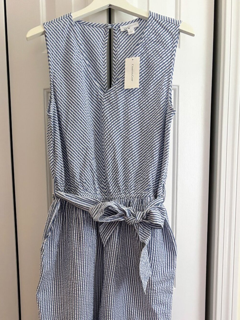 NWT Charter Club Women's All Cotton Summer Seersucker Jumpsuit, Blue and White